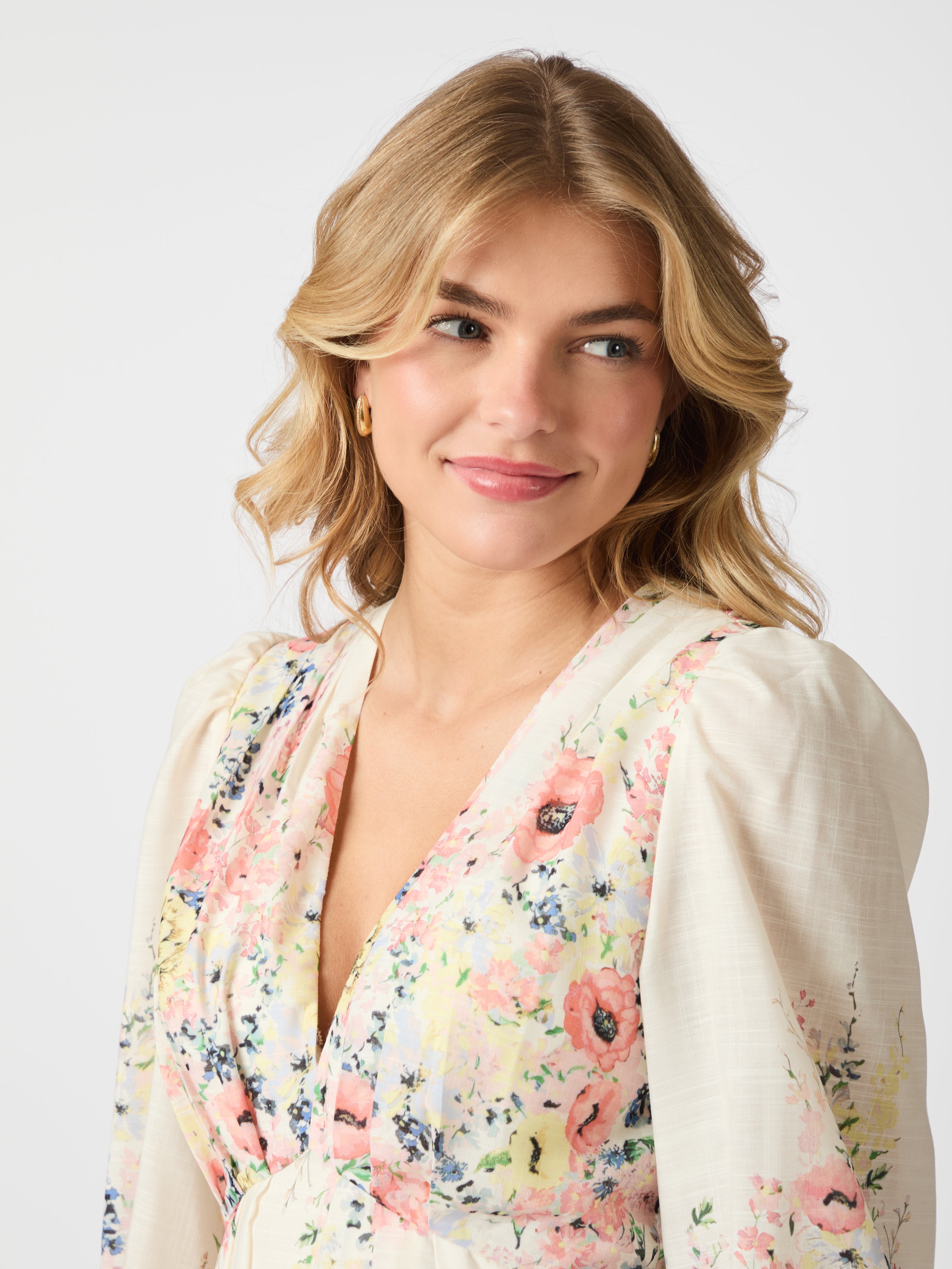 Silfi Flower Print kjole - Creme